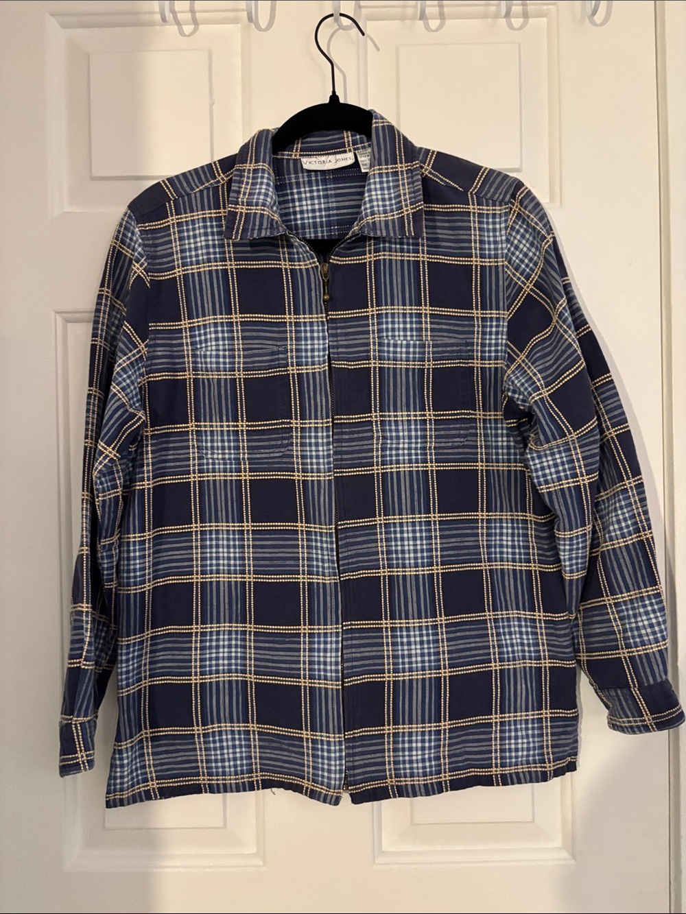 Victoria Jones Woman Navy and Light Blue Plaid Button-Down Jacket
